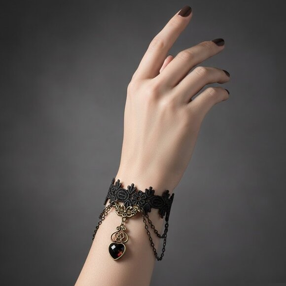 Gothic Victorian Style Black Crochet Lace Heart Drop Dangle Chain Bracelet - Picture 1 of 6